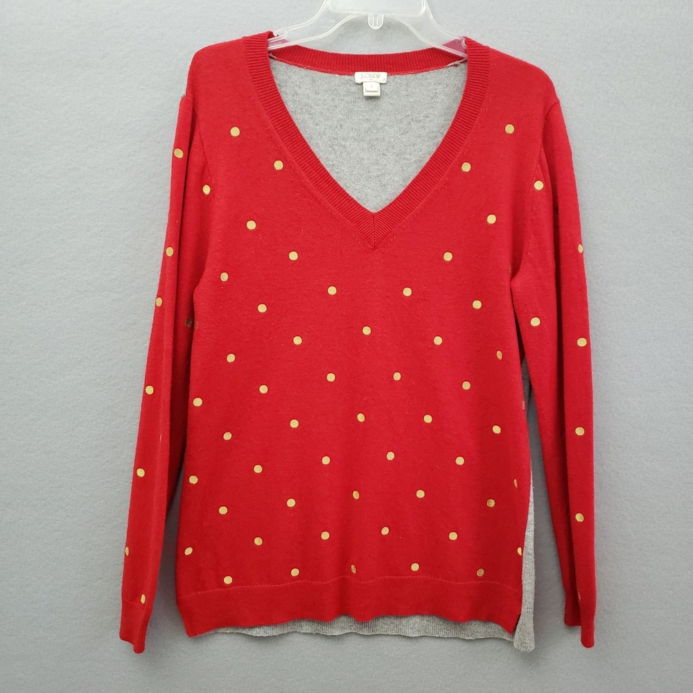 J.Crew Womens Red Merino Wool Blend Polka Dot V-Neck Sweater L E3422 Holiday